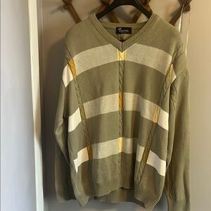 Vintage eclectic grandpa V neck sweater L sage green and yellow abstract